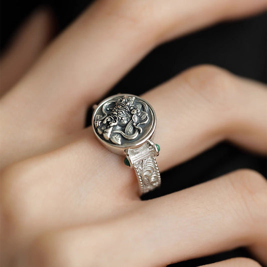 Tibetan Tang Grass Pattern Green Zircon Ring Female Fashion Personality Trend All-Match Ring