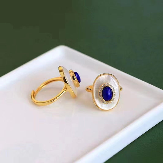 White Shell Lapis Lazuli Micro-paved Zircon Ring High-end Accessible Luxury Elegant Ring Ring for Women