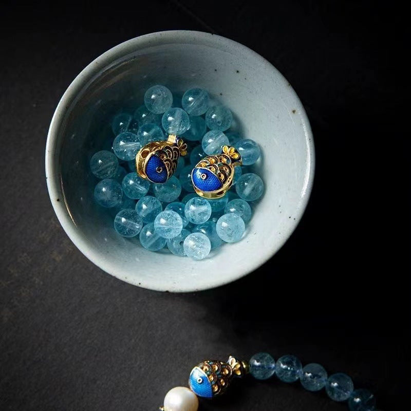 Blue Gold Brazil Sea Blue Glass Bracelet Enamel Cloisonne Simple Fashion Freshwater Pearl Bracelet