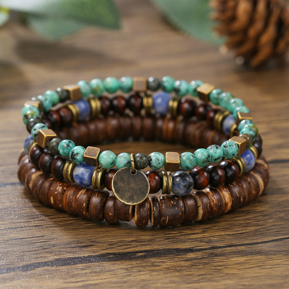 New Coconut Shell Wood Multi-layer Stacked Wear Bracelet Retro Men's Turquoise Beaded Bracelet