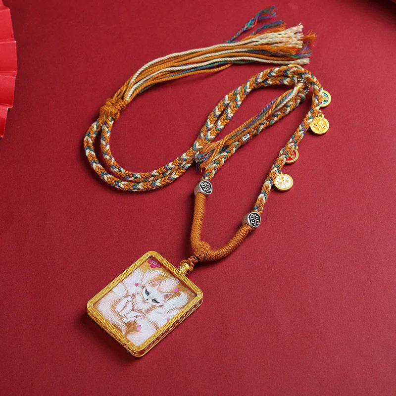 Golden Tibetan Nine Tailed Fox Wealth Deity Thangka Art Necklace Pendant - Buddha Blessing You