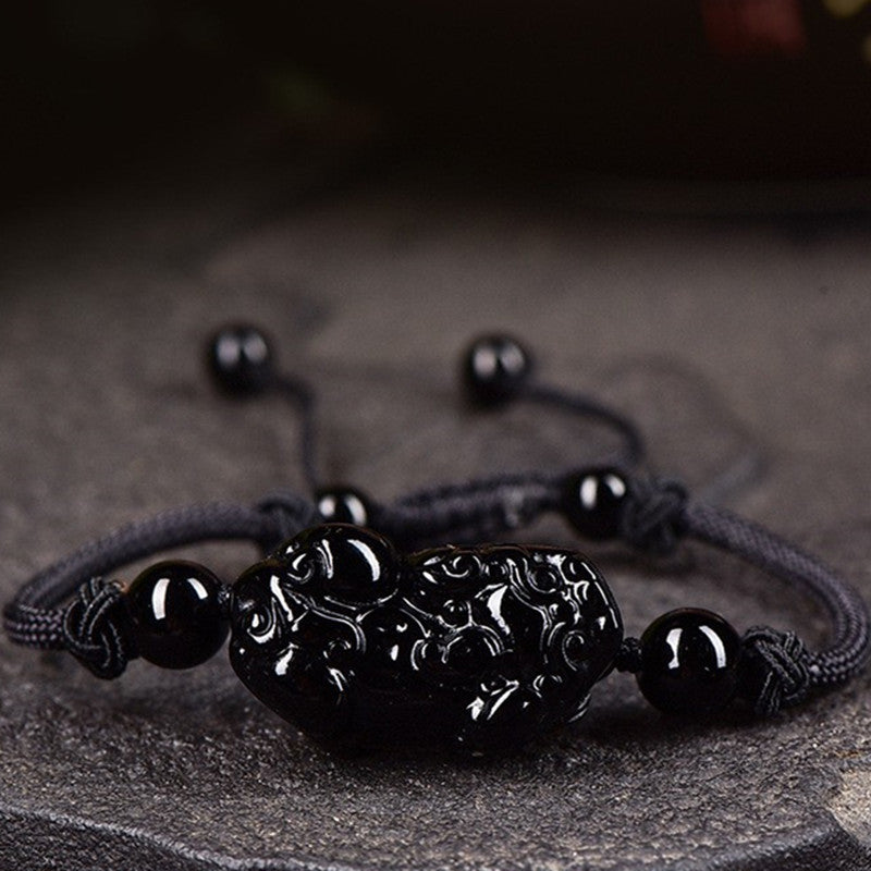 Natural Black Obsidian Pixiu Necklace And Bracelet Set Handwoven