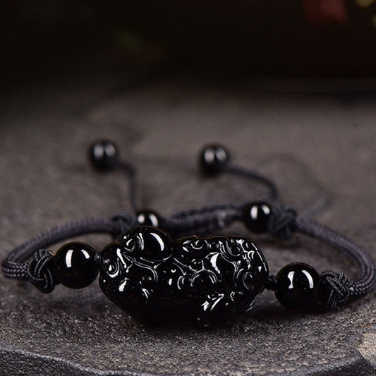 Natural Black Obsidian Pixiu Necklace And Bracelet Set Handwoven