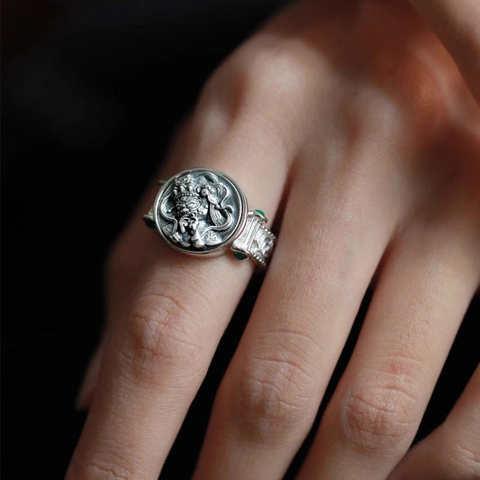 Tibetan Tang Grass Pattern Green Zircon Ring Female Fashion Personality Trend All-Match Ring