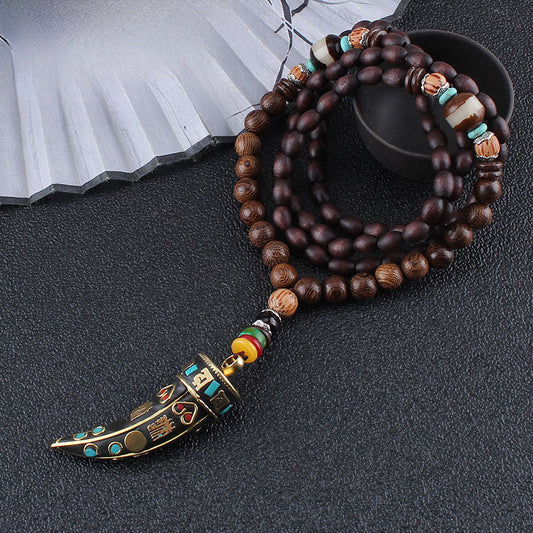 Ethnic Style Buddha Beads Nepal Horn Type Wooden Necklace Simple Personality Long Men's and Women's Woolen Chain Linen Accessories