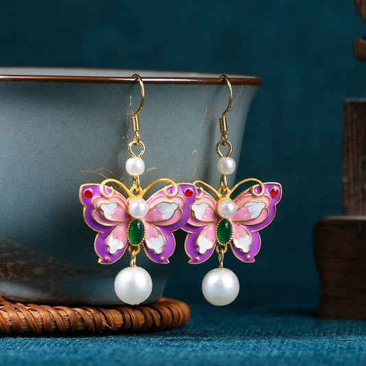enamel gradient butterfly earrings silver needle light luxury niche design ancient style pearl earrings