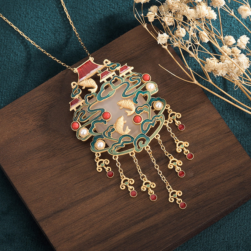 National Fashion Necklace New Accessories Ancient Method Gold-plated Imitation Hetian Jade Fish