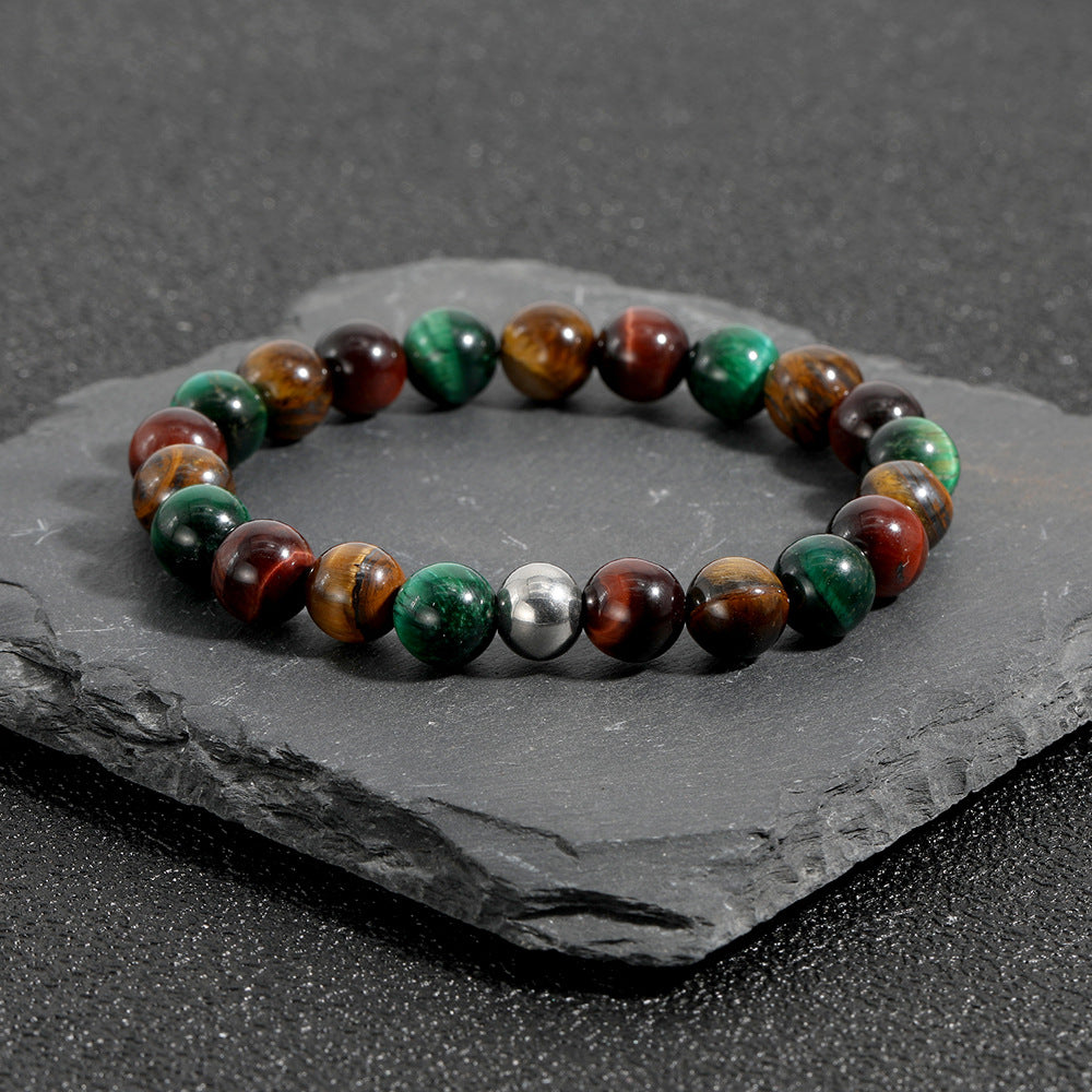 Handgewebtes buddhistisches Armband aus Tigerauge-Naturstein mit Stretchperlen