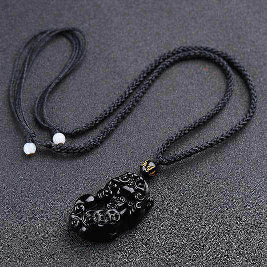 Black Obsidian Pixiu Pendant Necklace With Three Coin Design