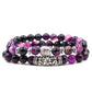 Elastisches Armband aus Kupfer mit Mikroeinlage aus Tigerauge-Stein und mattschwarzen Zirkonia-Kugeln im Punk-Stil, zweiteiliges Set