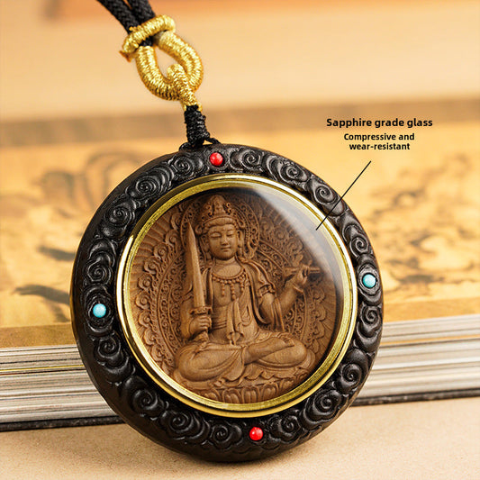 Benmingfo Round Pendant Zodiac Guardian Necklace Male and Female Samurai Bodhisattva Black Leaflet Red Sandalwood