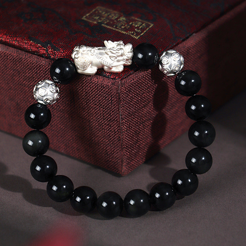 999 Silver Pi Xiu Black Agate Cat Eye Stone Beaded Bracelet