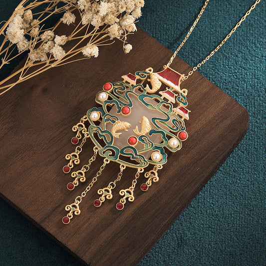 National Fashion Necklace New Accessories Ancient Method Gold-plated Imitation Hetian Jade Fish