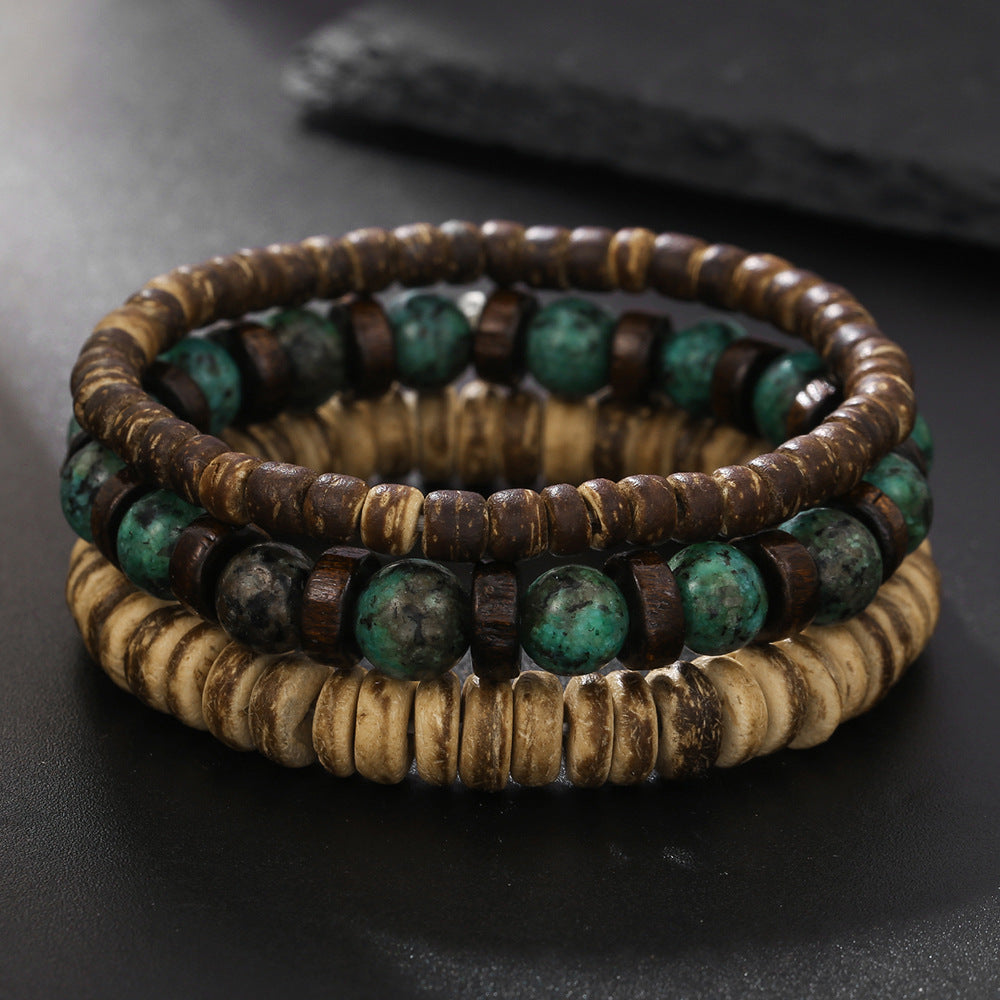 New Coconut Shell Wood Multi-layer Stacked Wear Bracelet Retro Men's Turquoise Beaded Bracelet