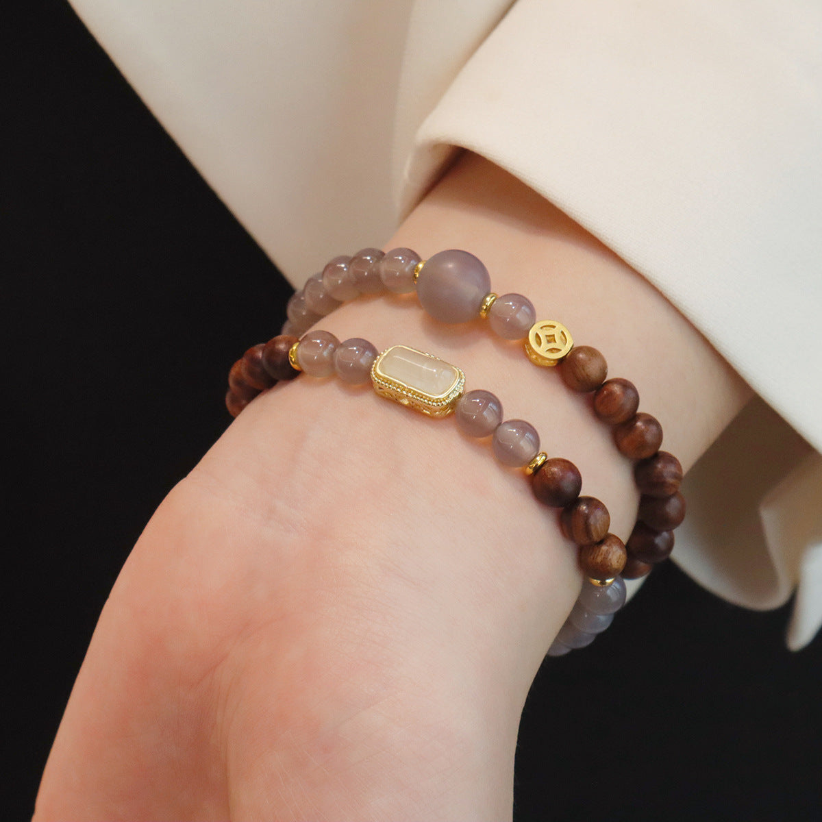 Sour Trees Black Pear Double Circle Bracelet Gold Silk Jade Wooden Transfer Beads Peach Agate Jewelry