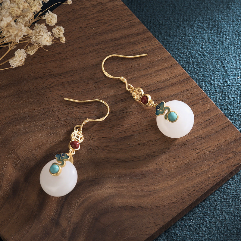 Court design synthetic Hetian jade safety buckle earrings ancient gold burning blue auspicious cloud earrings National style retro earrings for women