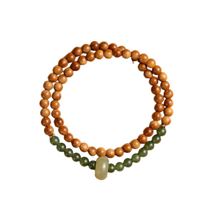 Mountain Green Style High Polish Kukui Nut With Hetian Jade Double Loop Bracelet