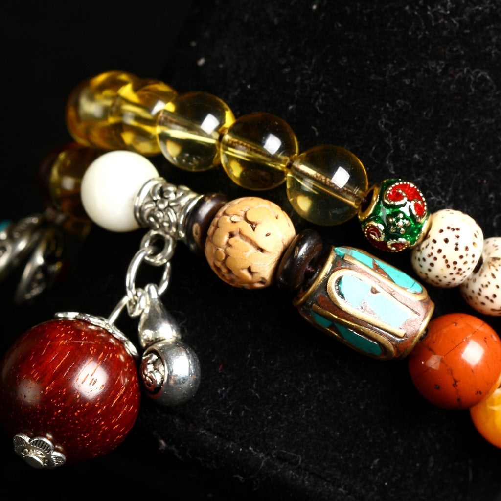 Multi Gem Bead Bracelet With Sandalwood Yellow Crystal And Bodhi Seeds Bracelet