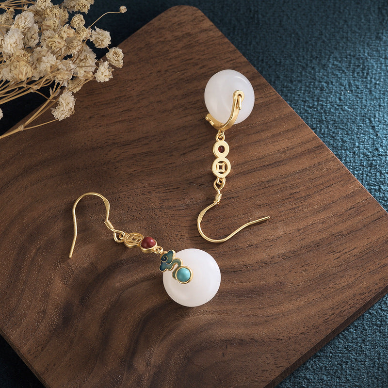 Court design synthetic Hetian jade safety buckle earrings ancient gold burning blue auspicious cloud earrings National style retro earrings for women