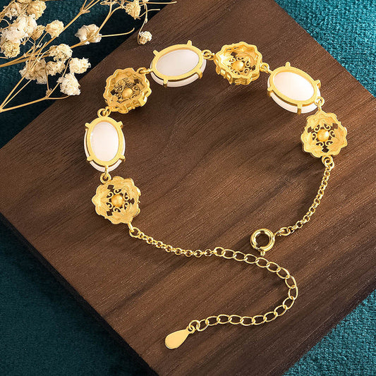 National Tide Palace Style Ancient Method Gold-plated Cold Enamel Flower Cluster Set with Imitation Hetian Jade Design Sense Niche Bracelet