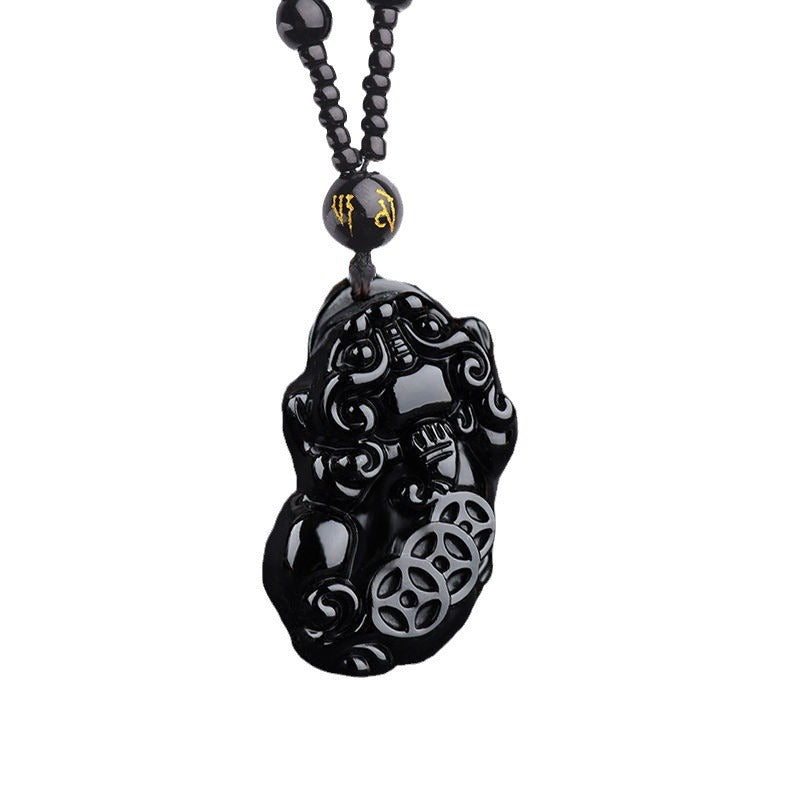 Black Obsidian Pixiu Pendant Necklace With Three Coin Design