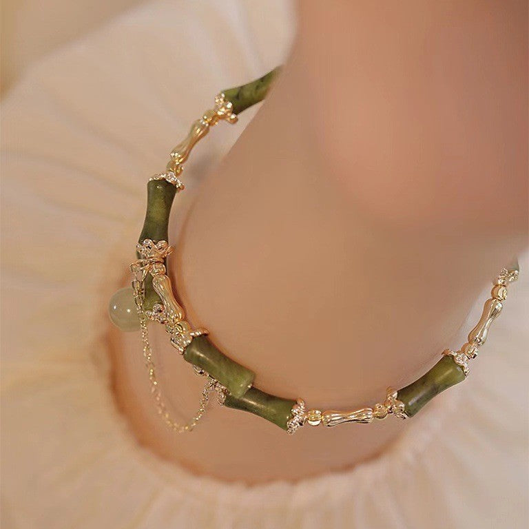 Bamboo And Hetian Jade Bracelet With Olive Green Color - Buddha Blessing You