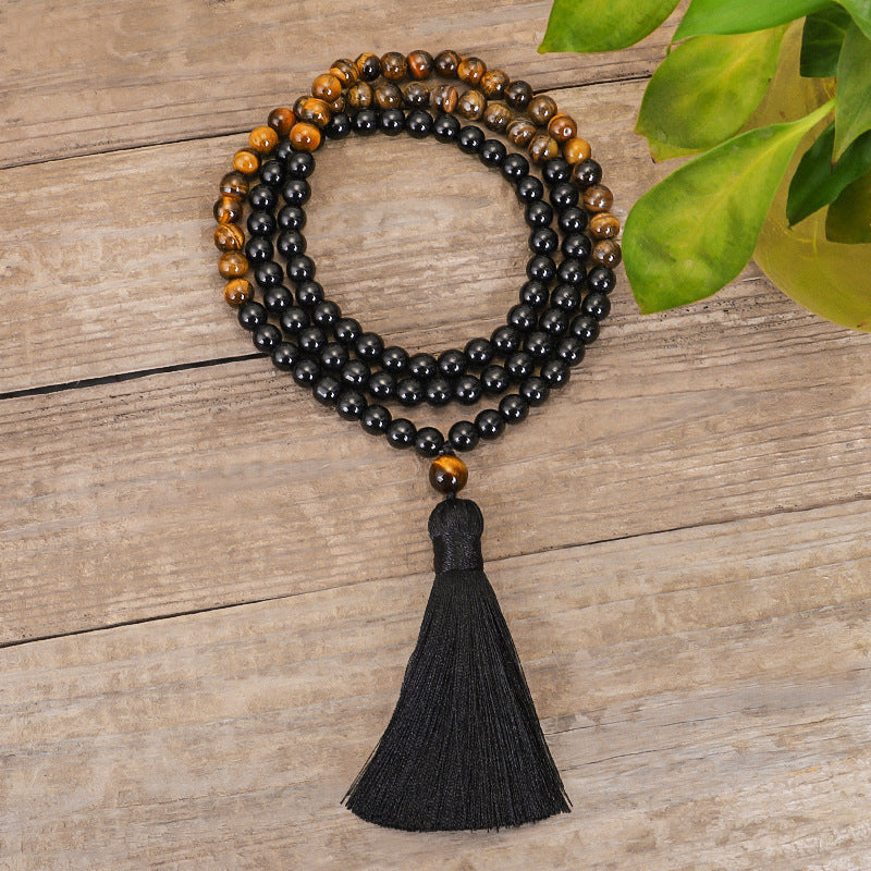 108 Tiger Eye Stone Yoga Necklace With Fringe Pendant