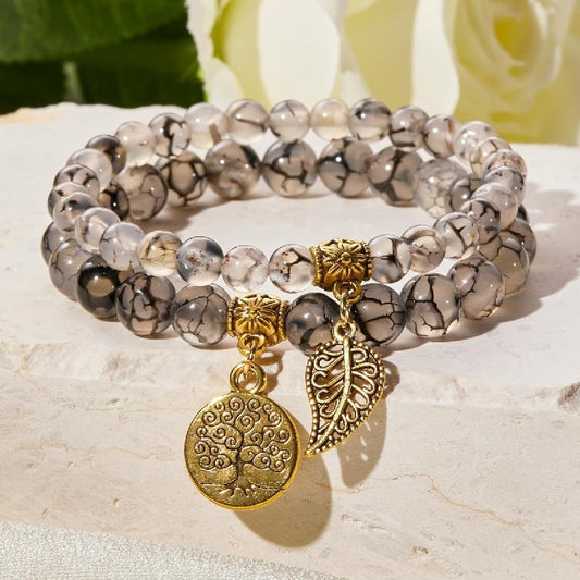 Baum des Lebens Blatt Anhänger Tigerauge Amethyst Perlen buddhistisches Armband