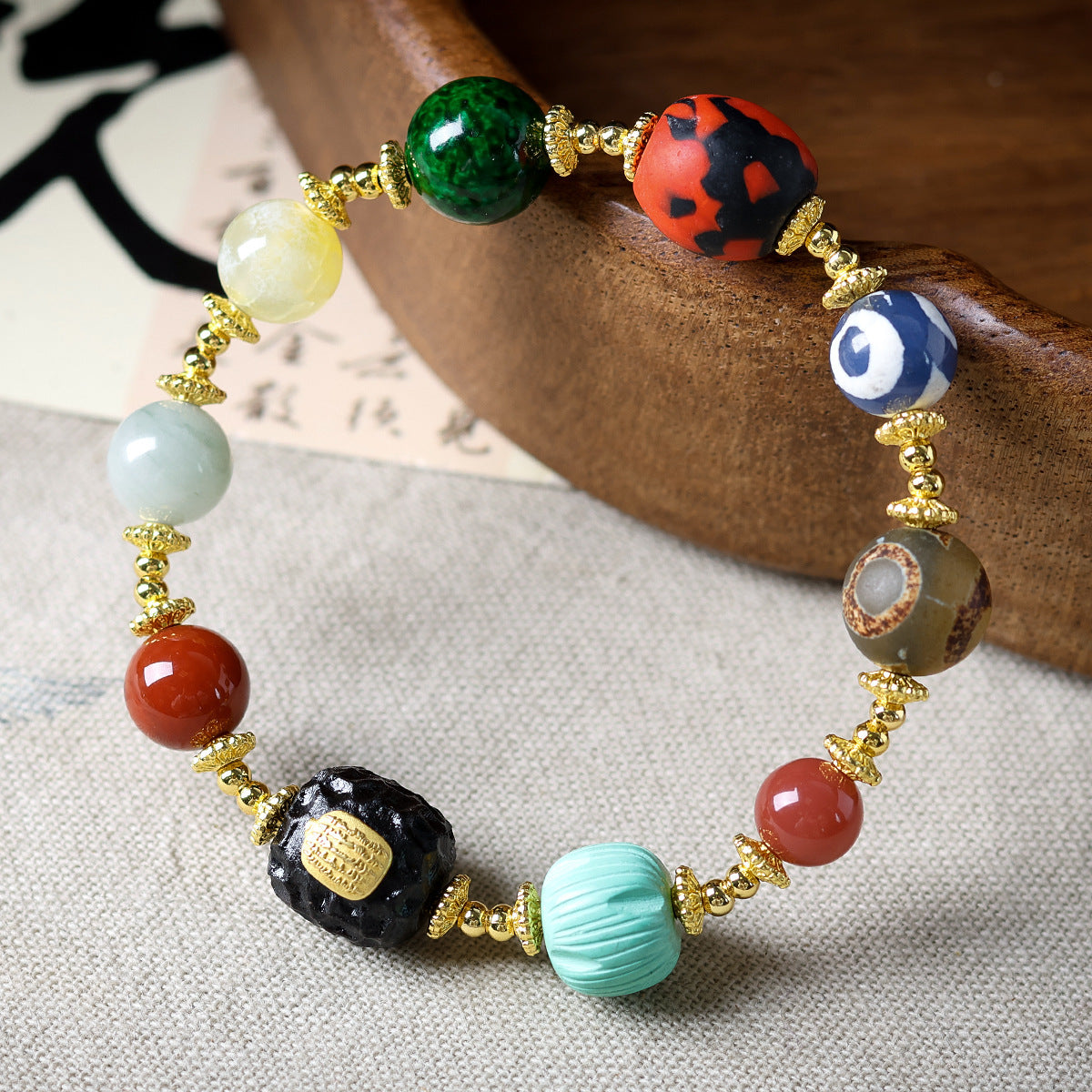 Original South Red Agate Beaded Bracelet With Lapis Lazuli Jasper And Incense Wood