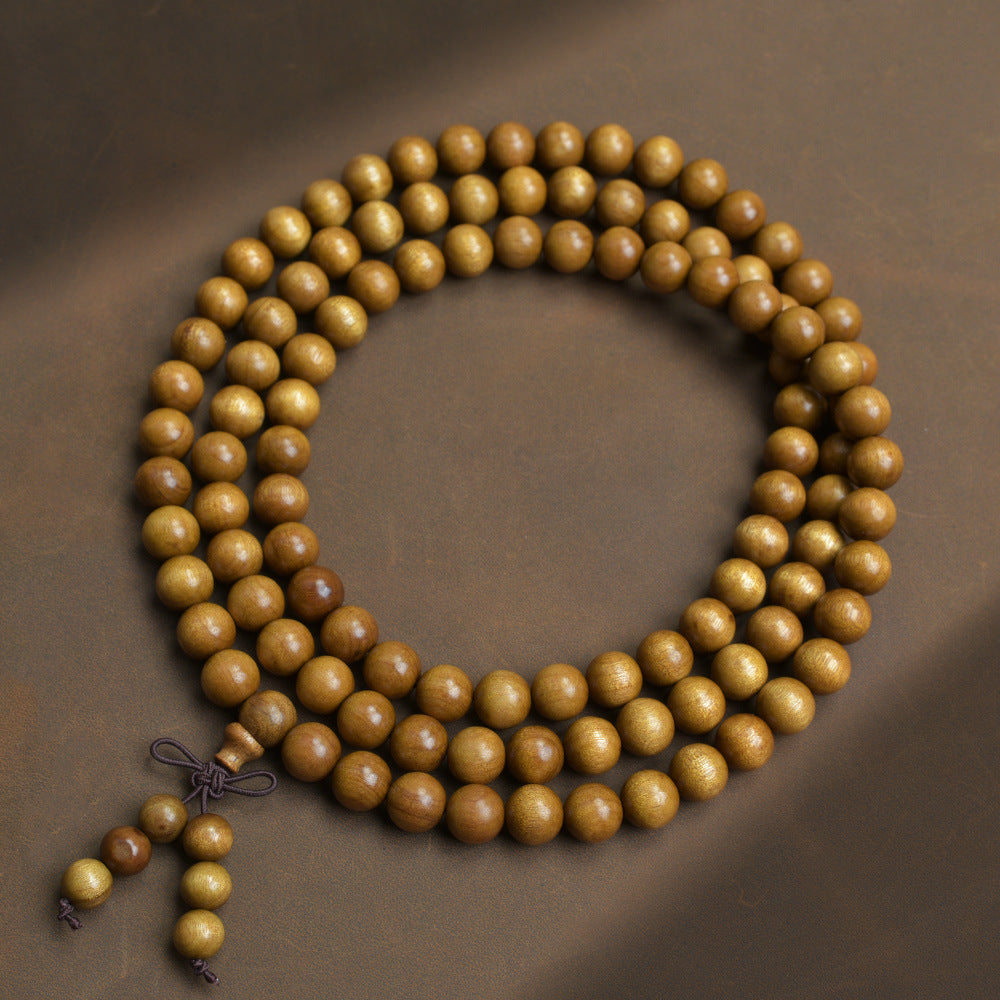Antikes, goldbesetztes Nanmu-Holz-buddhistisches Gebetsperlen-Hand-Mala-Armband