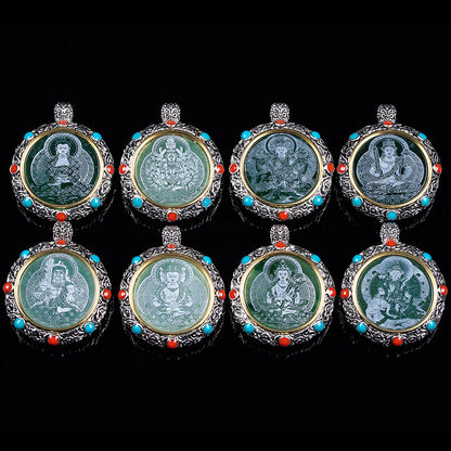 Natürlicher Jade-Anhänger aus tibetischem Rad mit acht glückverheißenden Symbolen und Seiko-Inlay-Halskette