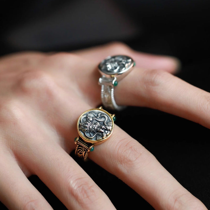 Tibetan Tang Grass Pattern Green Zircon Ring Female Fashion Personality Trend All-Match Ring