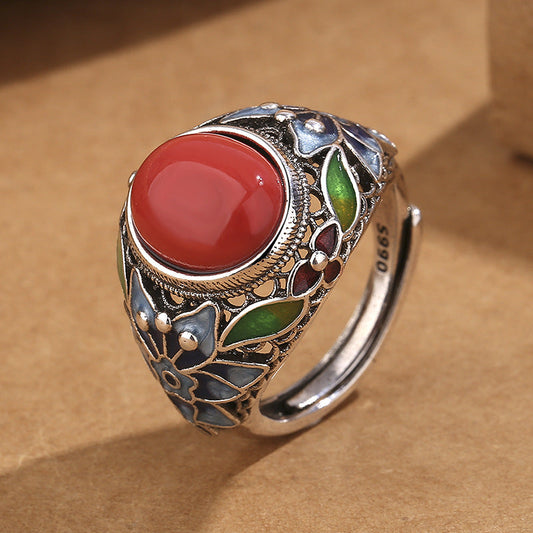 Retro South Red Agate Silk Burning Blue Ring Female Palace Style Flower Female Open Mouth Adjustable Ring