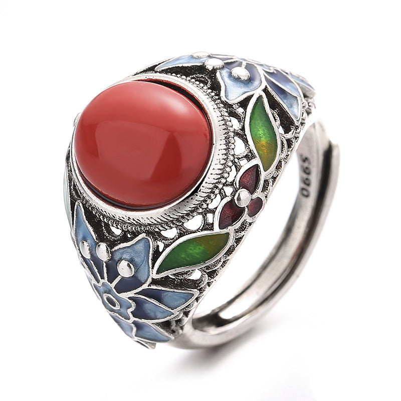 Retro South Red Agate Silk Burning Blue Ring Female Palace Style Flower Female Open Mouth Adjustable Ring