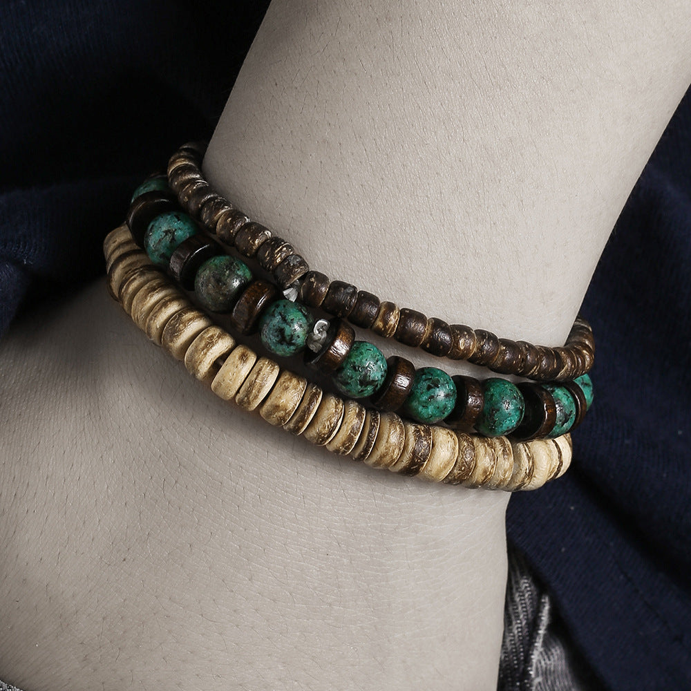 New Coconut Shell Wood Multi-layer Stacked Wear Bracelet Retro Men's Turquoise Beaded Bracelet