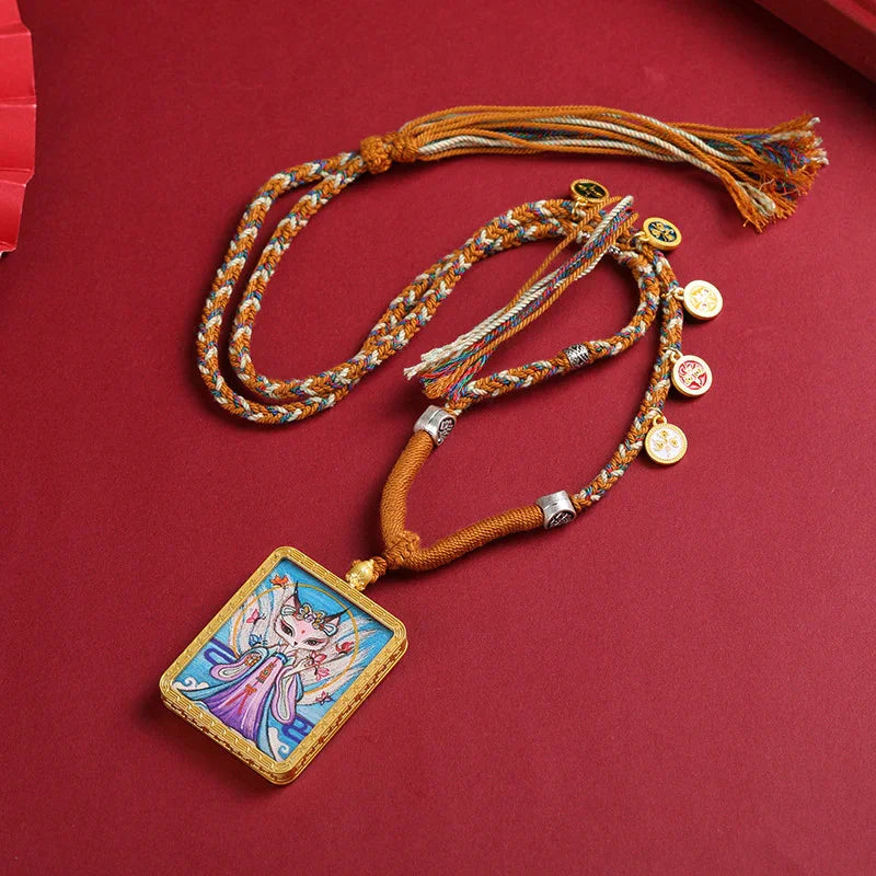 Golden Tibetan Nine Tailed Fox Wealth Deity Thangka Art Necklace Pendant - Buddha Blessing You