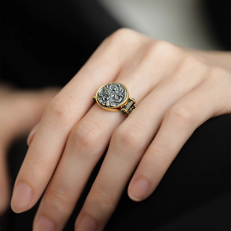 Tibetan Tang Grass Pattern Green Zircon Ring Female Fashion Personality Trend All-Match Ring