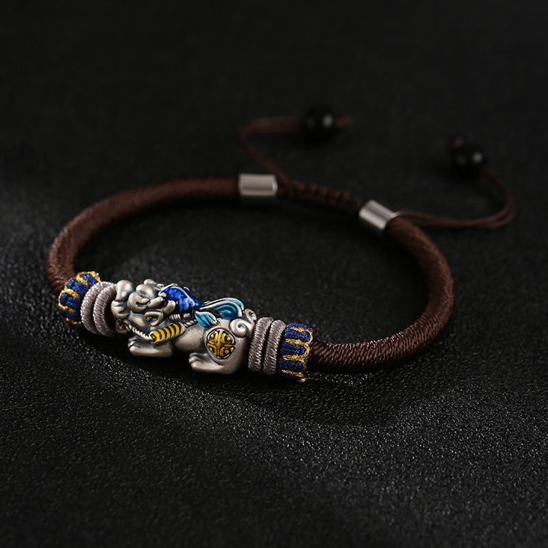 Handmade Dragon Knot Silver Pixiu Adjustable Bracelet With Auspicious Meaning