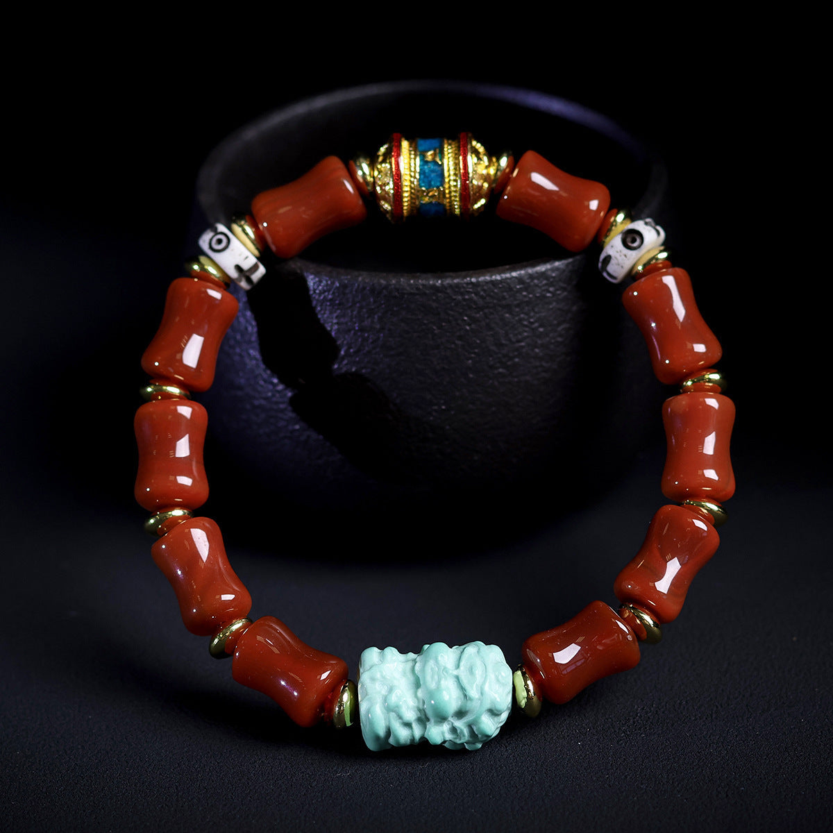Original South Red Agate Beaded Bracelet With Lapis Lazuli Jasper And Incense Wood