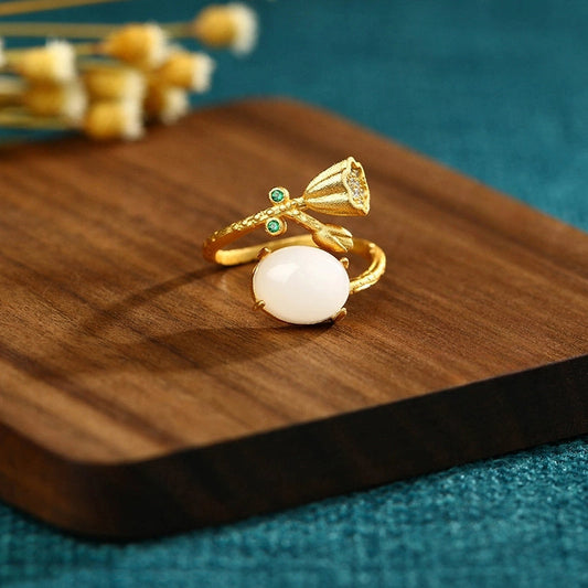 Gold Plated Imitation Hetian Jade Lotus Ring
