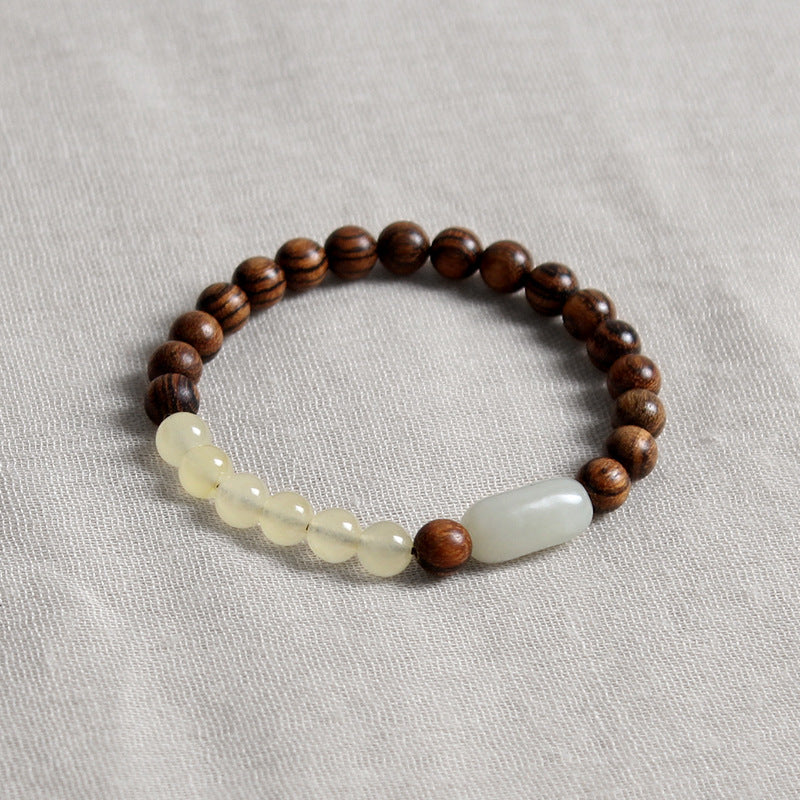Tiger Stripe Sandalwood Beads With Hetian Jade And Yellow Chalcedony Vintage Bracelet