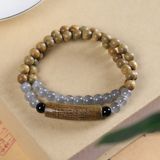 Vintage Natural Green Sandalwood Five Scripture Design Double Circle Bracelet Buddha Bead Bracelet Male and Female