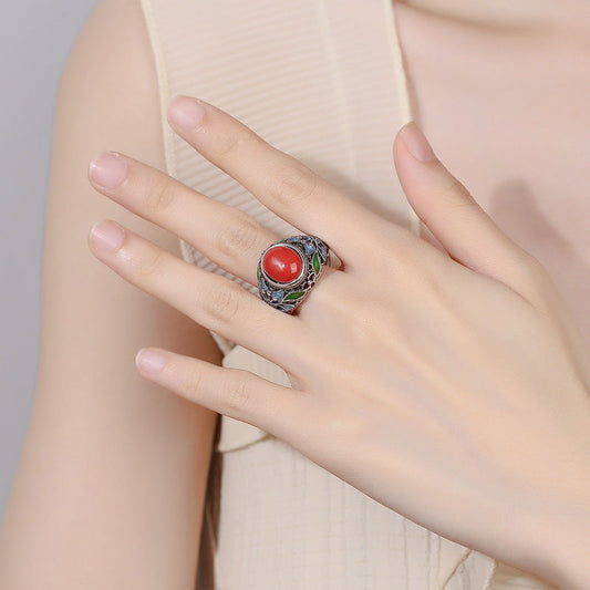 Retro South Red Agate Silk Burning Blue Ring Female Palace Style Flower Female Open Mouth Adjustable Ring