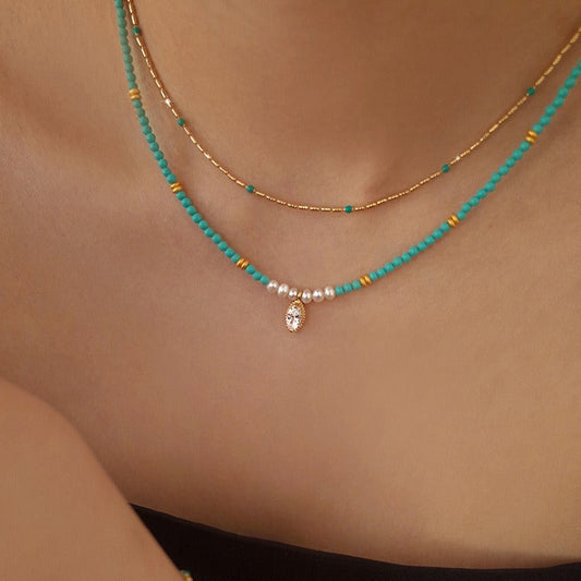 Magnesite Turquoise Necklace Women's All-match High-end Sense Niche Summer Clavicle Chain Beaded