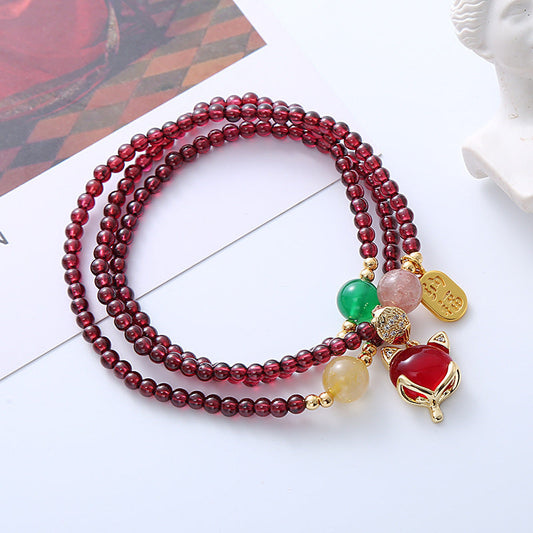 Garnet Bracelet Natural Crystal Fox Pendant Beaded Bracelet Retro Multi-Layer Fashion All-Match Jewelry