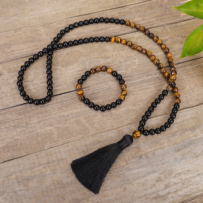 108 Tiger Eye Stone Yoga Necklace With Fringe Pendant