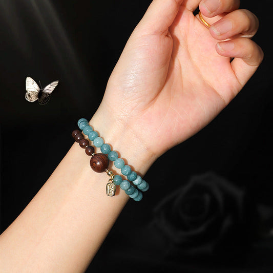 Blue Chalcedony Gold Silk Sandalwood Beads for Men and Women Double Circle Bracelet Ethnic Style