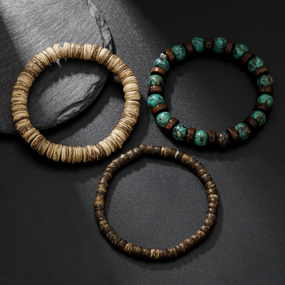 New Coconut Shell Wood Multi-layer Stacked Wear Bracelet Retro Men's Turquoise Beaded Bracelet