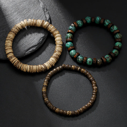 New Coconut Shell Wood Multi-layer Stacked Wear Bracelet Retro Men's Turquoise Beaded Bracelet