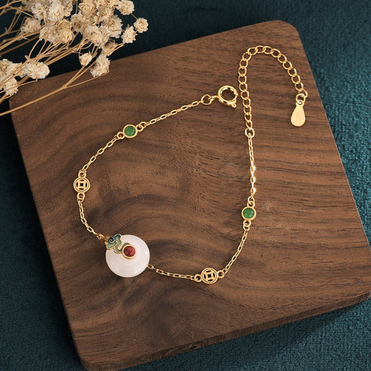 New Gold-plated Imitation Hetian Jade Safety Buckle Bracelet Grilled Blue Craft Inlaid Copper Gold-plated Palace Retro Style Bracelet